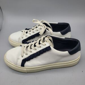 TORY BURCH Women Sz 7.5 SPORT White Navy Ruffles SNEAKERS Leather Comfort